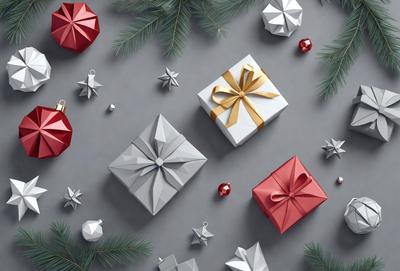 The primary subject of the image is a collection of wrapped presents, which are the main objects in the scene. The presents are placed on a gray surface, which serves as the background. The visual style of the image is a combination of photo and digital art, creating a realistic yet artistic representation of the presents. The colors and mood of the image are predominantly gray and neutral, with the red and gold ribbons on the presents adding a touch of warmth and festivity to the scene.
